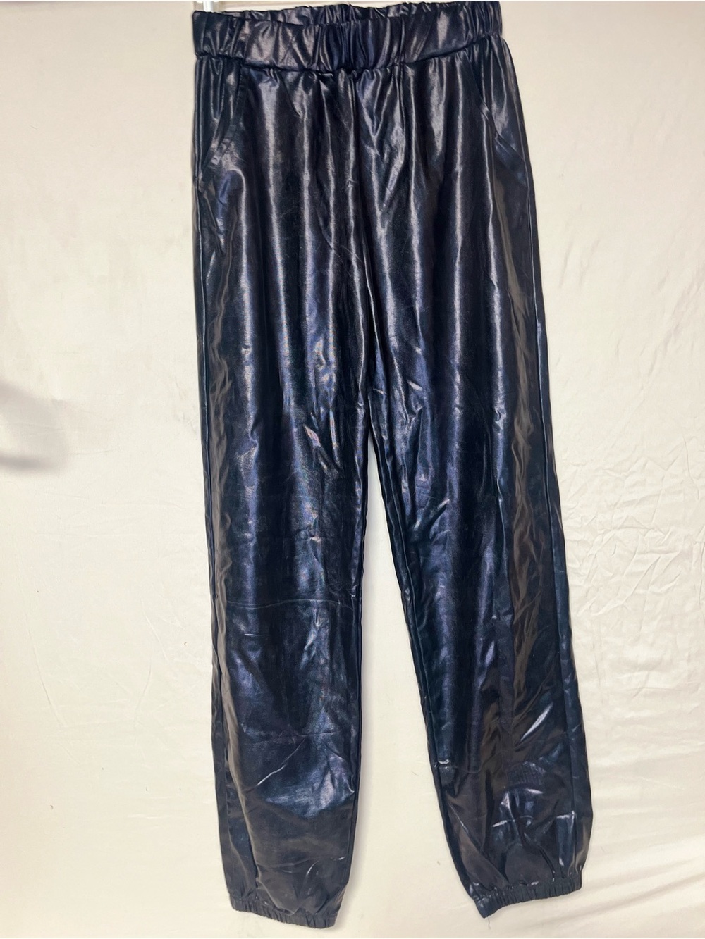 Men's Black Shiny Faux-Leather Jogger Pants